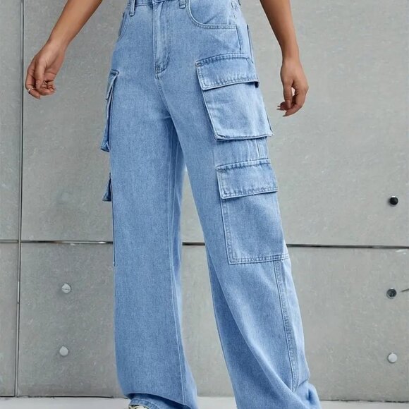 HIGH QUALITY Denim - Plain Pockets Cargo Pants (Color: Sky Blue)